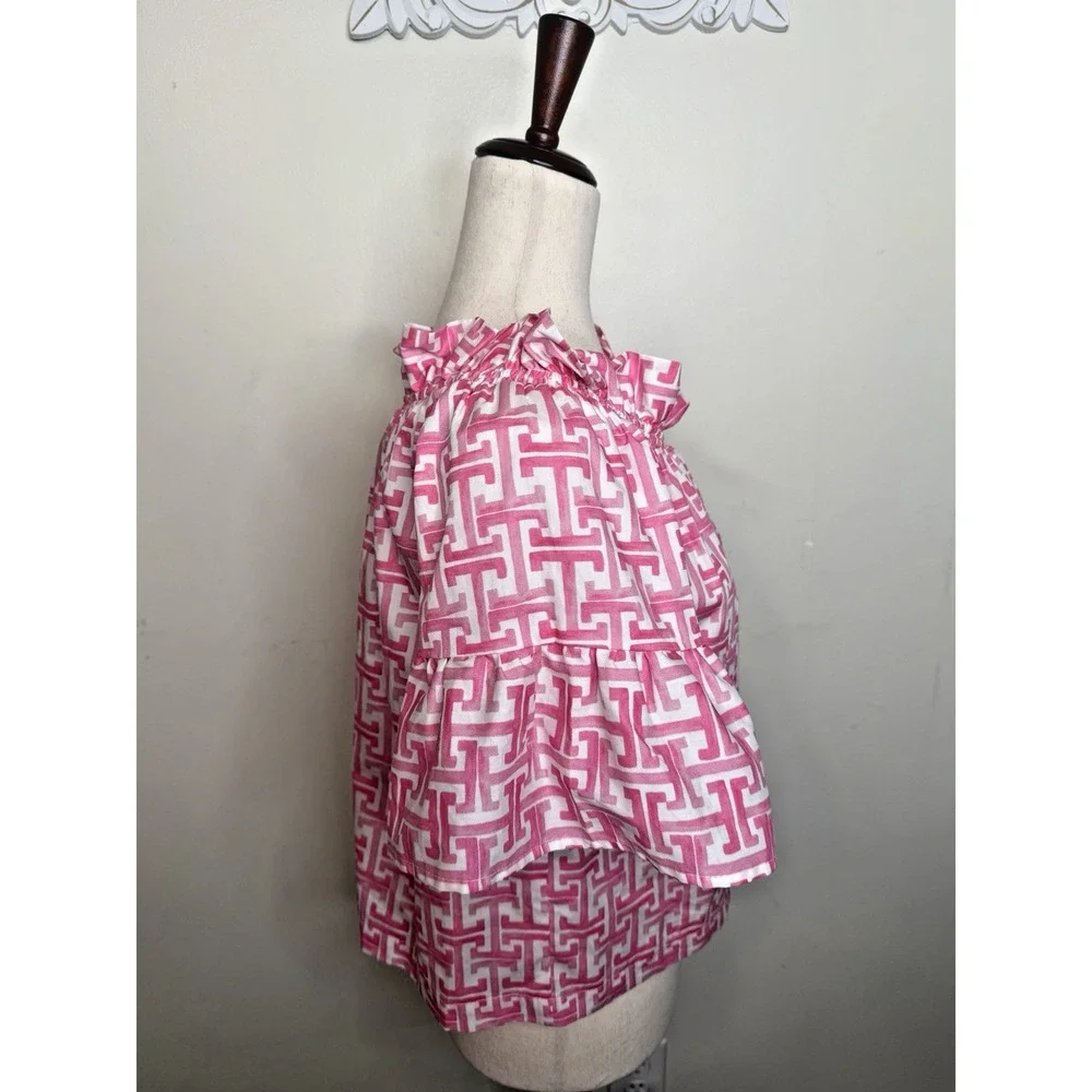 Brooke Wright USA Pink White Geometric Off Shoulder Cotton Peasant Crop Top S